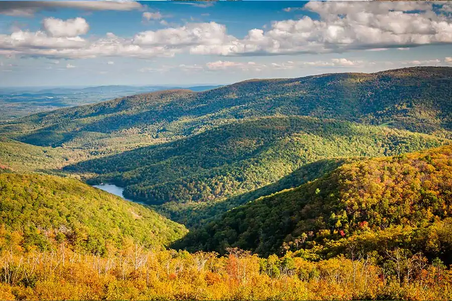 Early autumn view of the Charlottesville Reservoir from Moormans River Overlook, Shenandoah National Park, Virginia. 